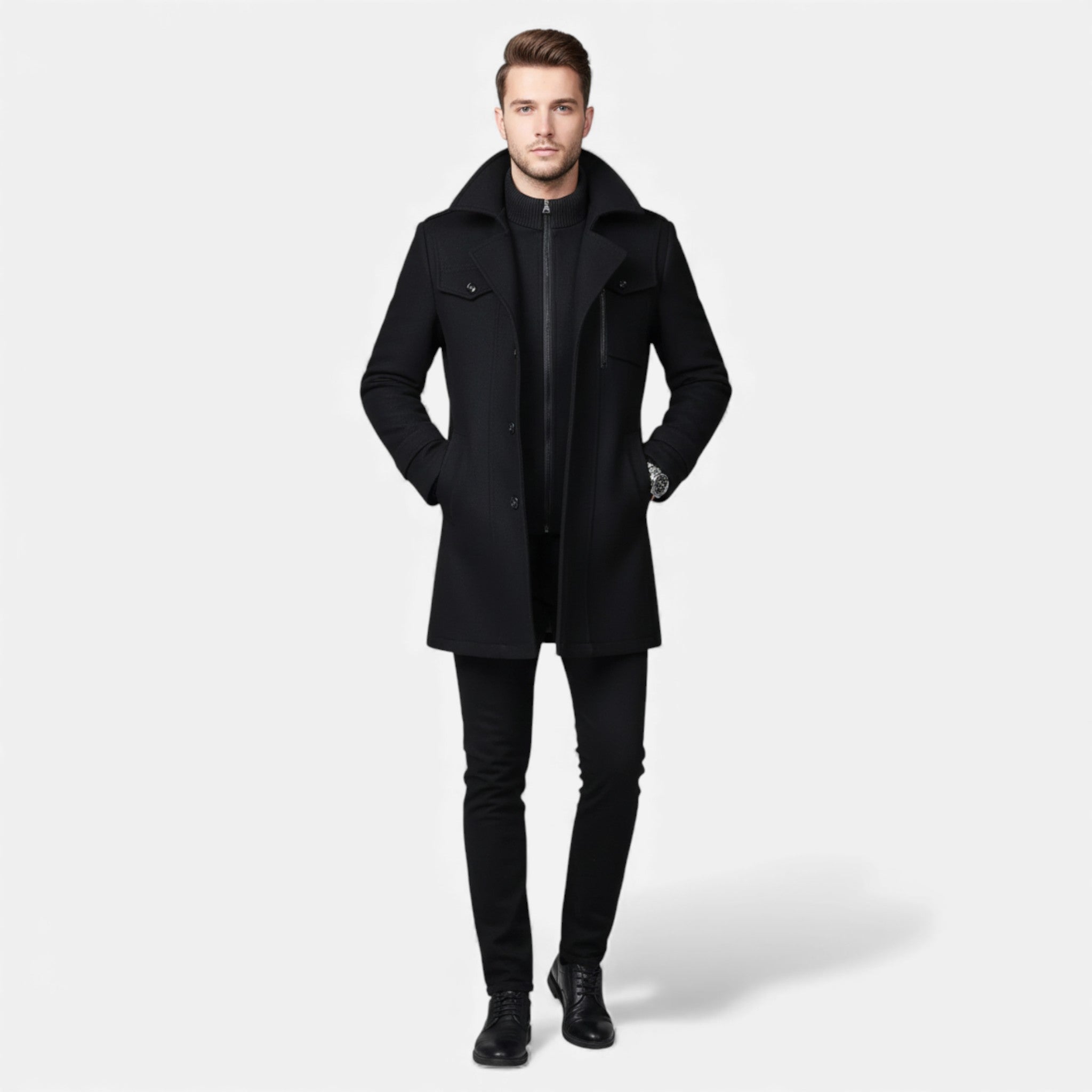 Dorvelli | Men’s Long Coat – Vintage Contrast-Collar Elegance