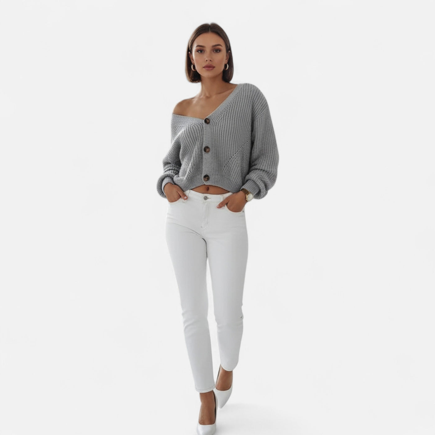 Dorvelli | Women’s Cardigan – Deep Collar Lantern Sleeve Elegance