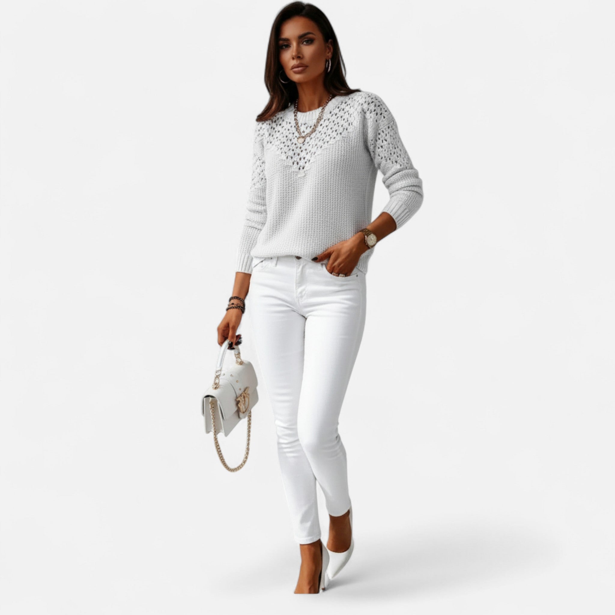 Dorvelli | Women’s Sweater – Jacquard Hollow Round Neck Elegance