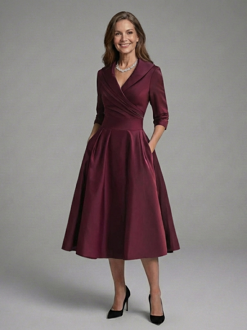 Dorvelli | Women's Midi Dress – Three Quarter Sleeve Wrap