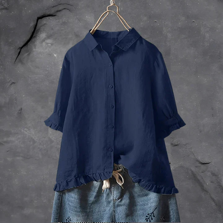 Dorvelli | Women's Shirt – Linen Ruffle Trim Button
