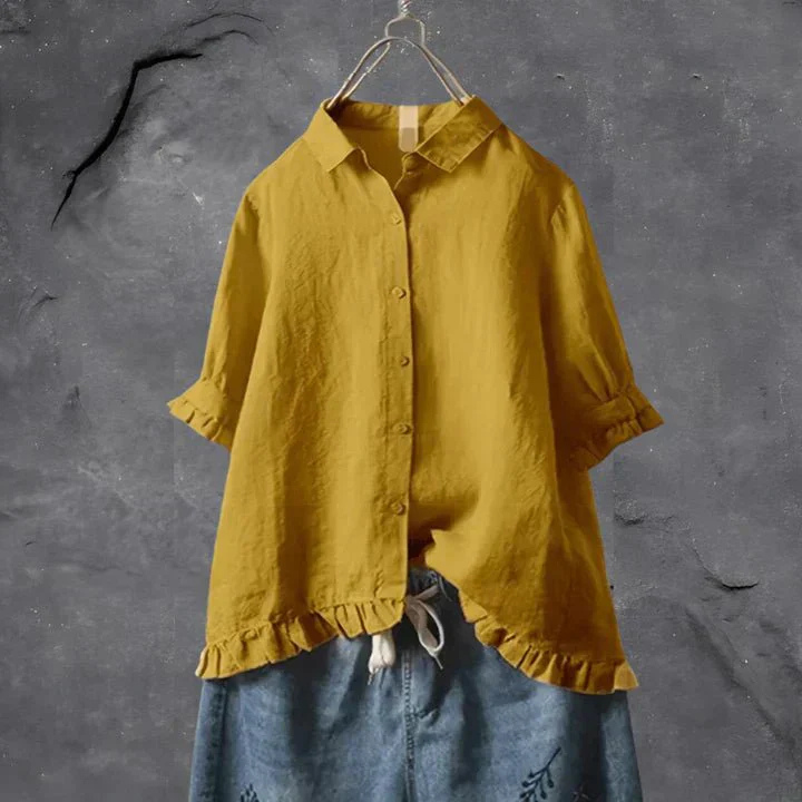 Dorvelli | Women's Shirt – Linen Ruffle Trim Button