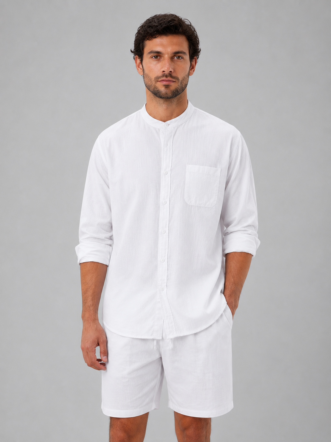 Dorvelli | Men's Two-Piece Set – Linen Look Band Collar