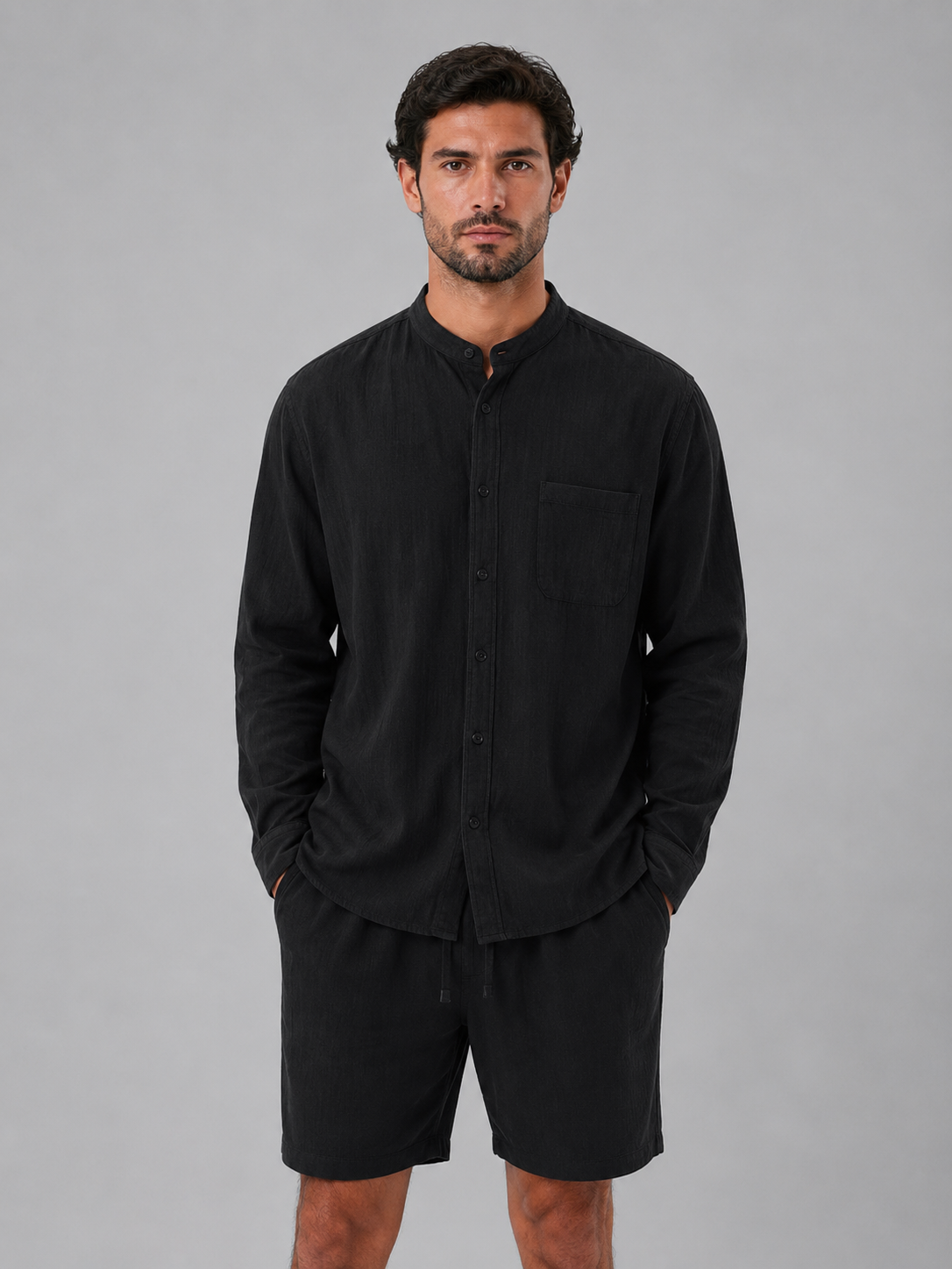 Dorvelli | Men's Two-Piece Set – Linen Look Band Collar