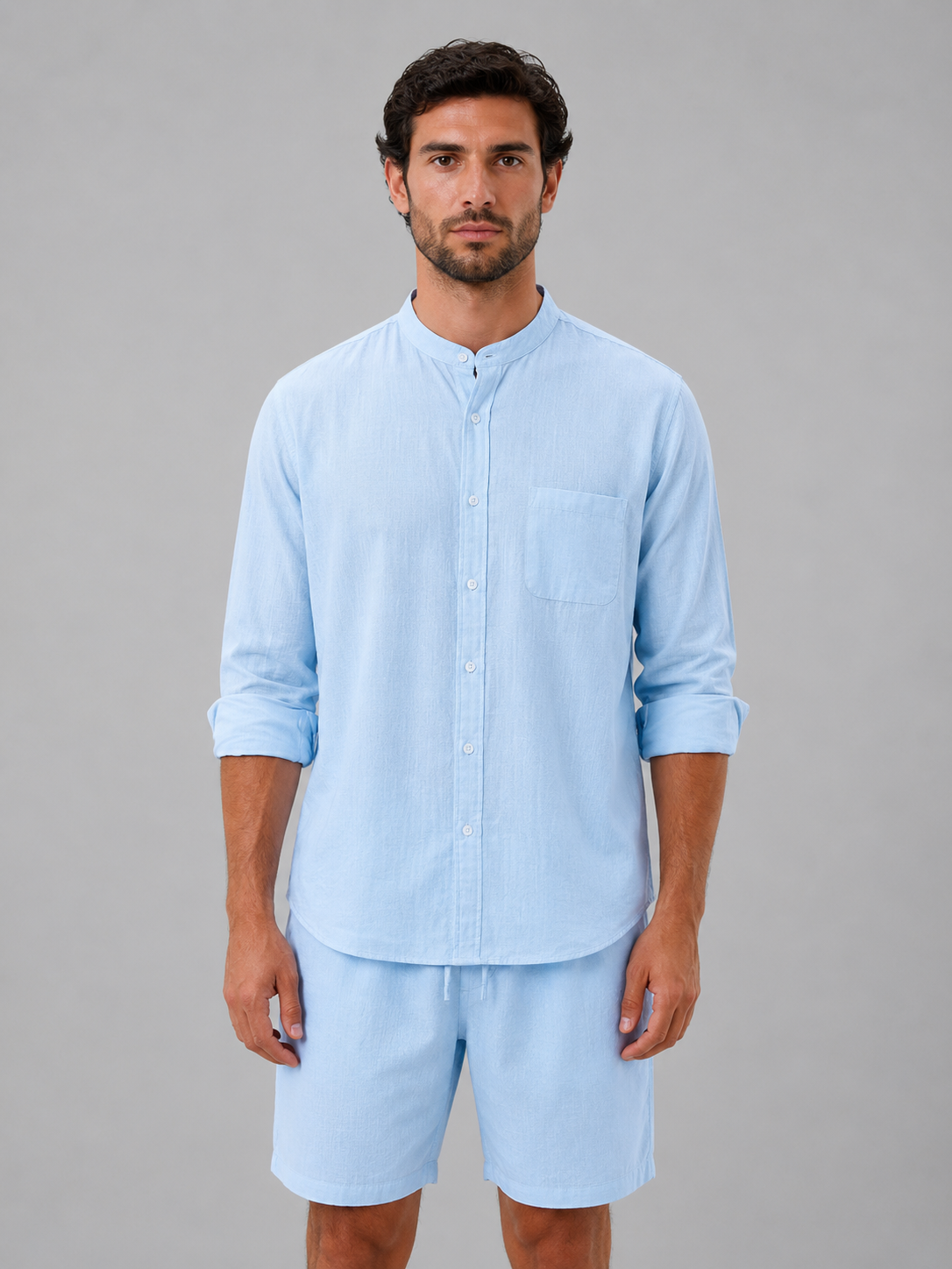 Dorvelli | Men's Two-Piece Set – Linen Look Band Collar