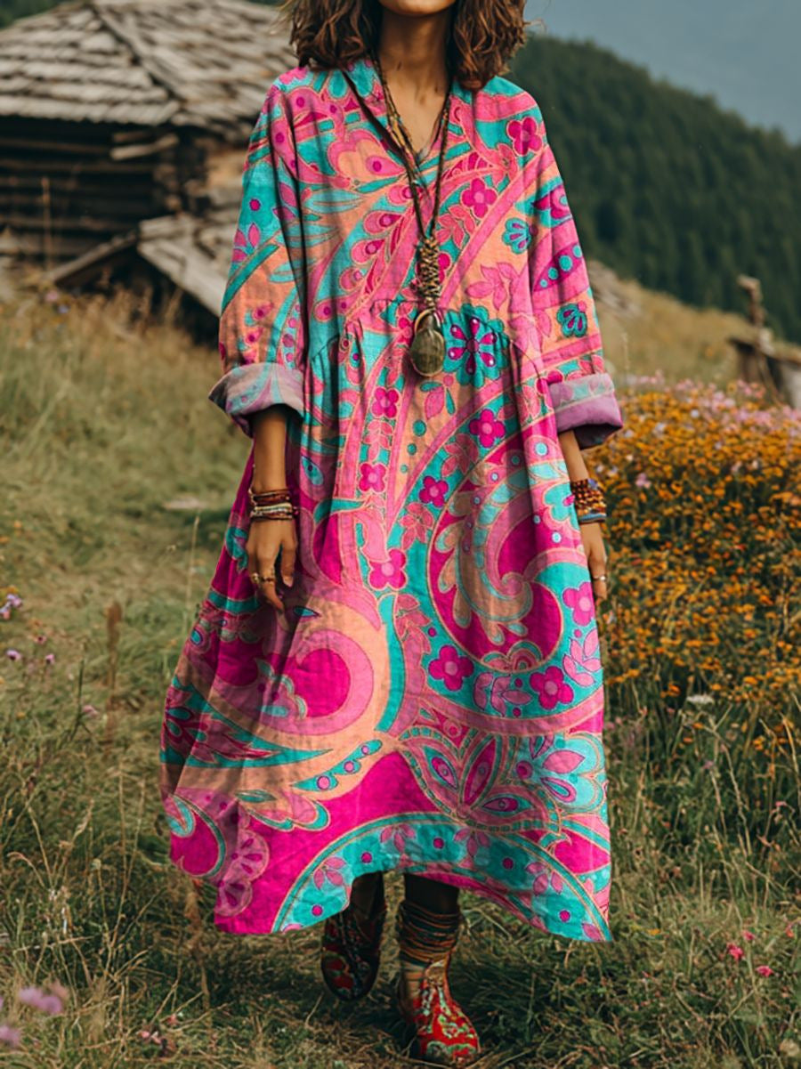 Dorvelli | Women’s Midi Dress – Boho Floral Print Long-Sleeve Summer Elegance