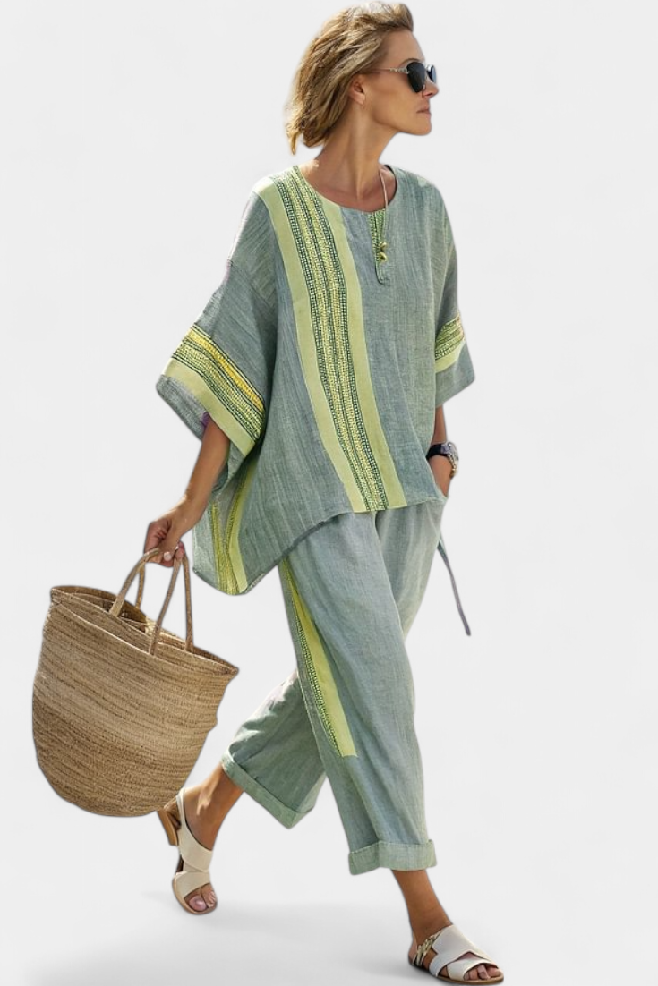 Dorvelli | Women's Two-Piece Set – Elegant Mustard Striped