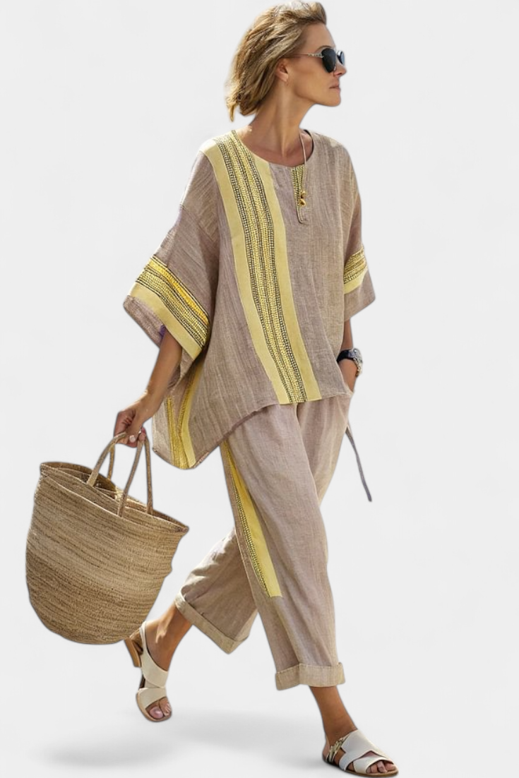 Dorvelli | Women's Two-Piece Set – Elegant Mustard Striped