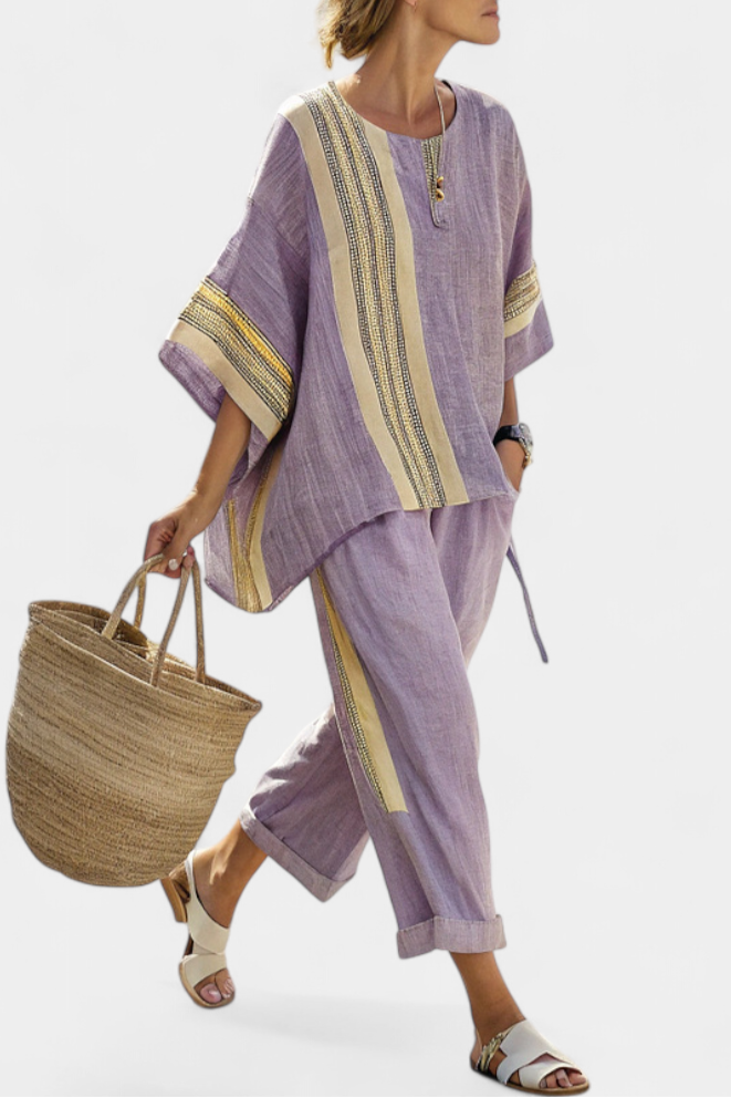 Dorvelli | Women's Two-Piece Set – Elegant Mustard Striped
