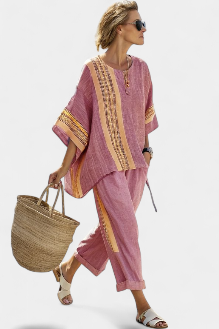 Dorvelli | Women's Two-Piece Set – Elegant Mustard Striped