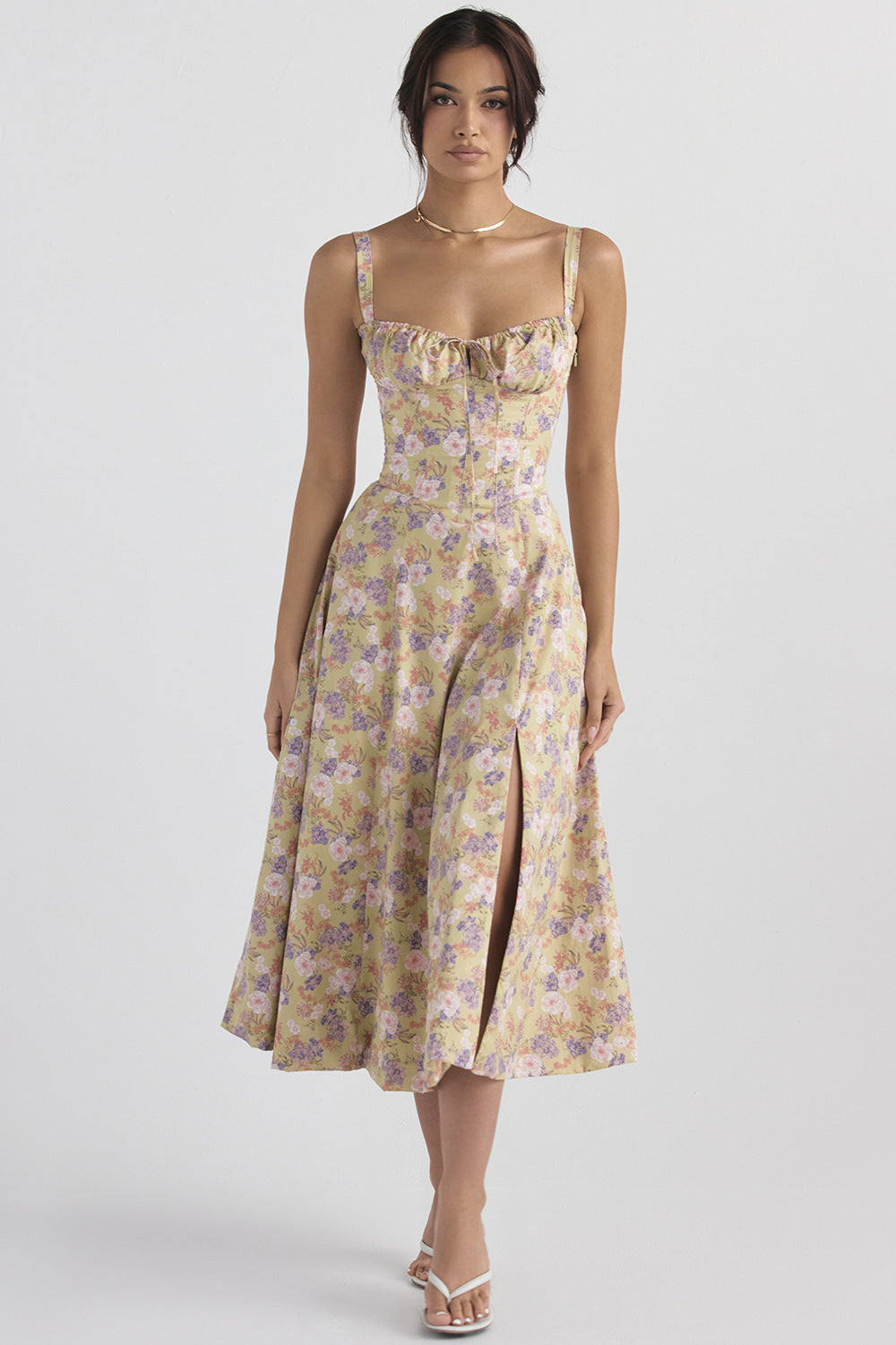 Dorvelli | Women’s Wedding Guest Midi Dress – Floral Bustier Slit