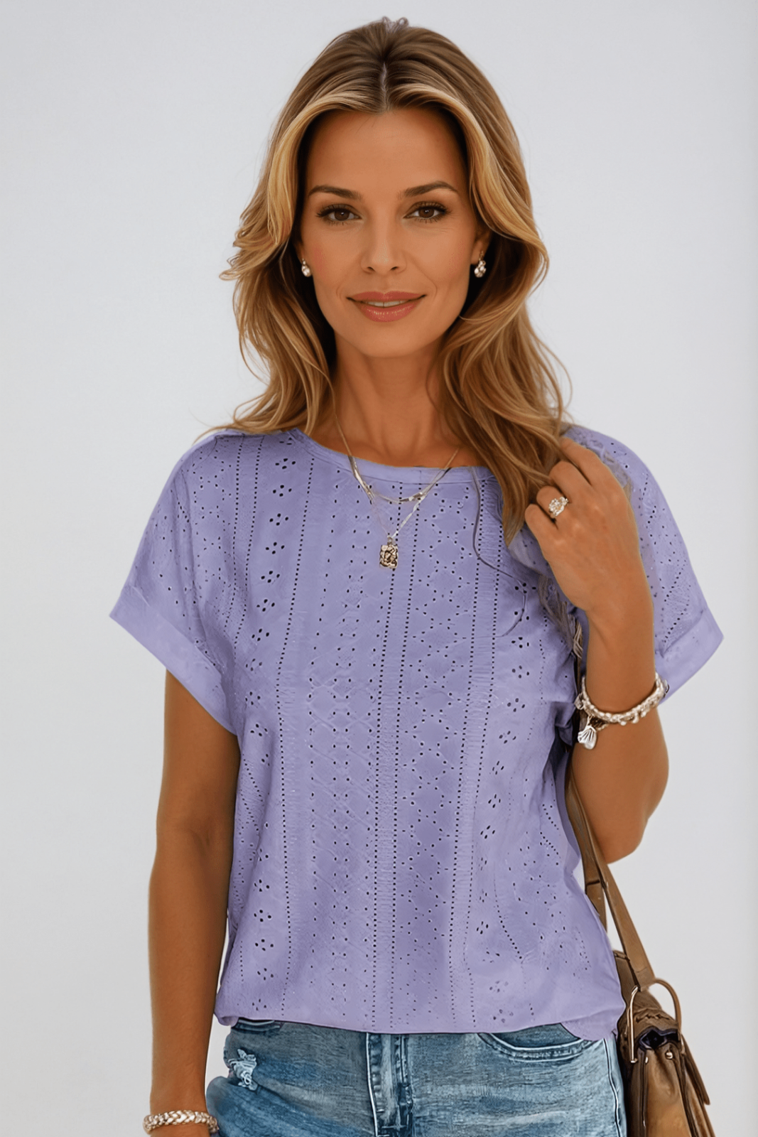 Dorvelli | Women's Top – Cotton Eyelet Sleeve Round