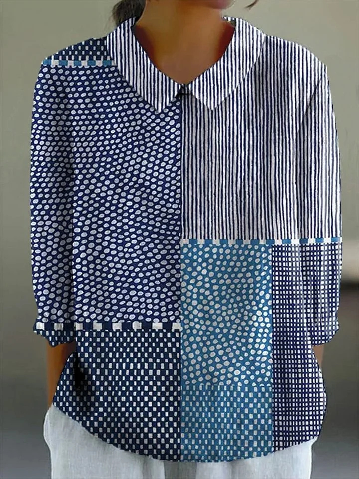 Dorvelli | Women's Blouse – Blue Cotton Patchwork Print