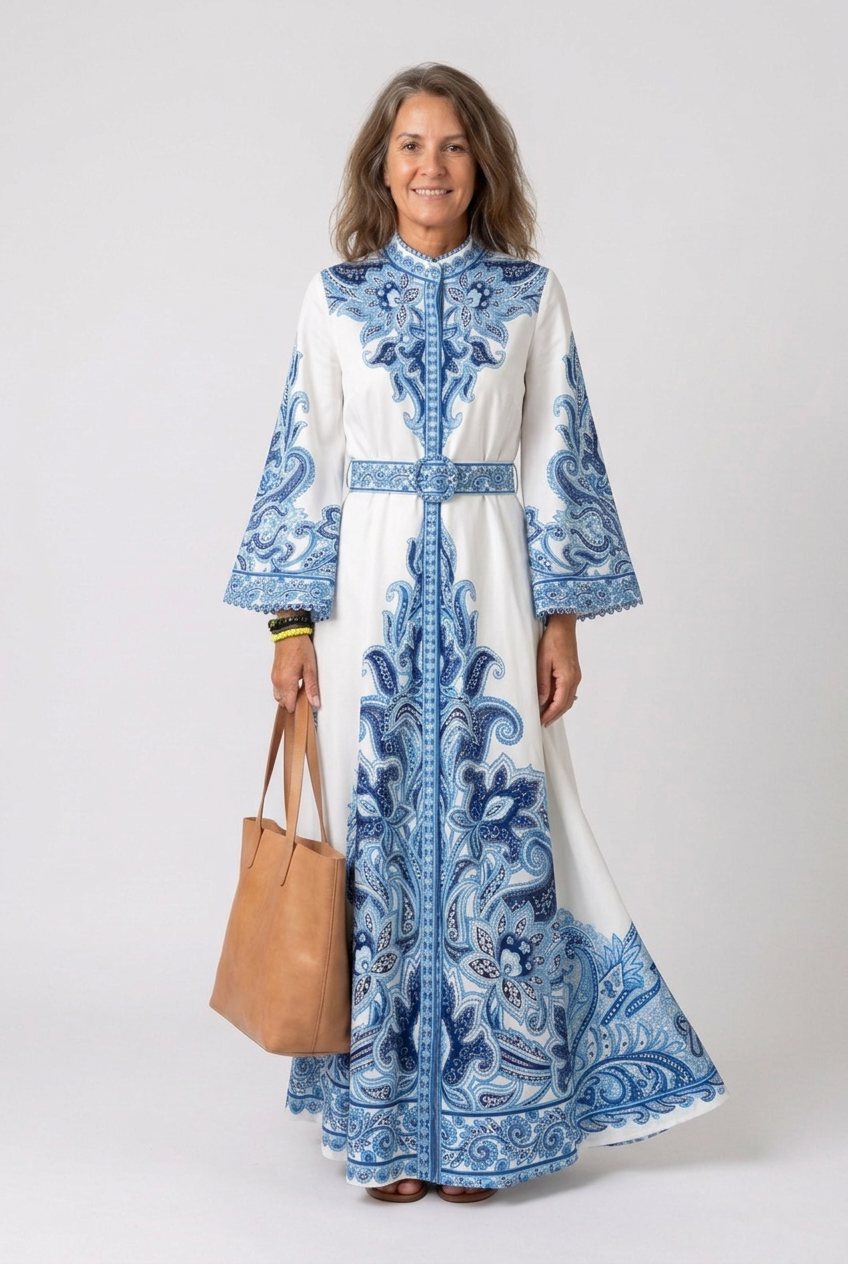 Dorvelli | Women's Maxi Dress – Belted Abaya Paisley Embroidery