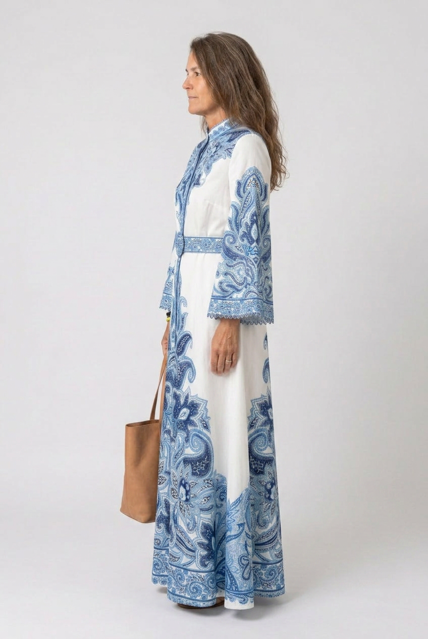 Dorvelli | Women's Maxi Dress – Belted Abaya Paisley Embroidery