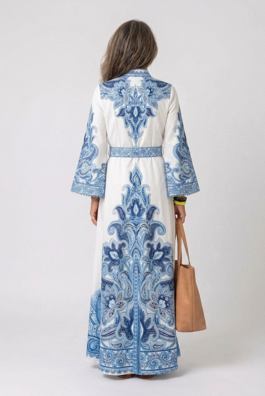Dorvelli | Women's Maxi Dress – Belted Abaya Paisley Embroidery