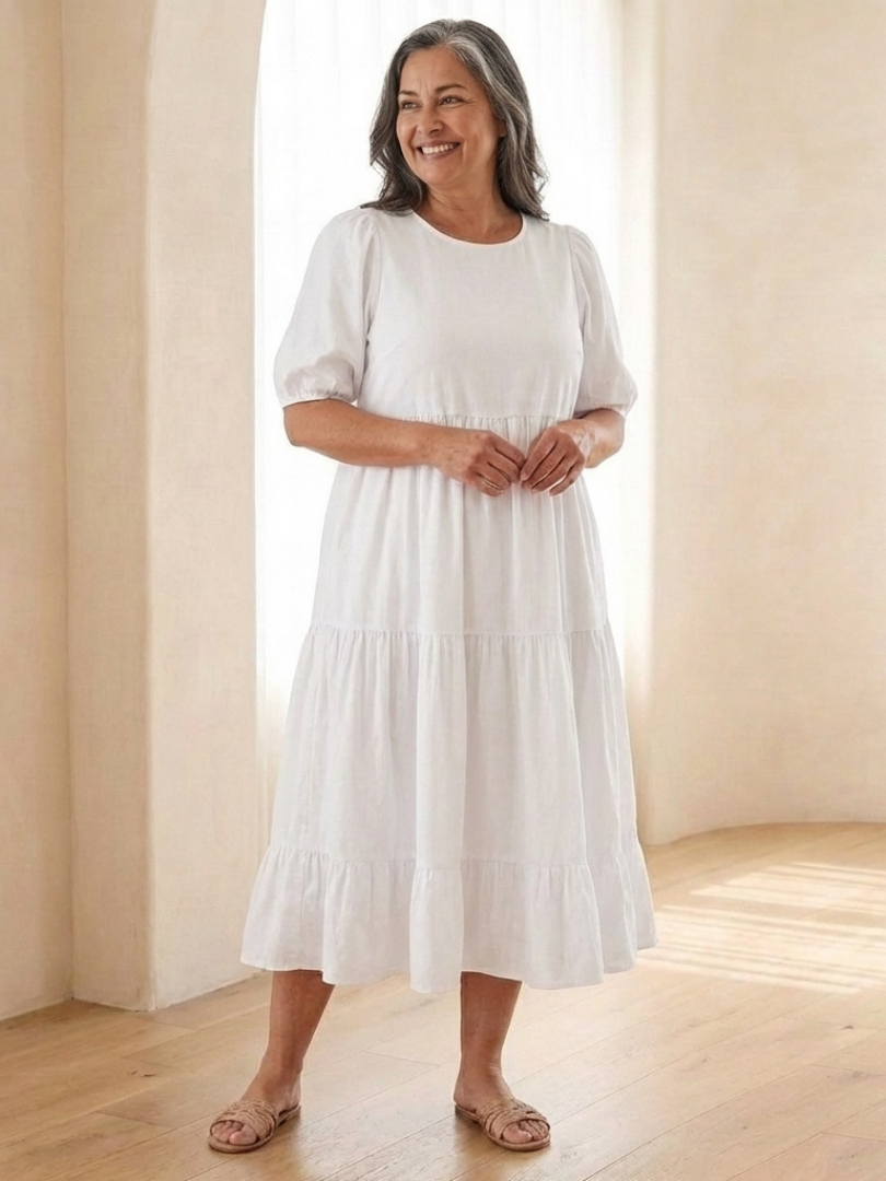 Dorvelli | Women's Midi Dress – Round Neck Puff Sleeve
