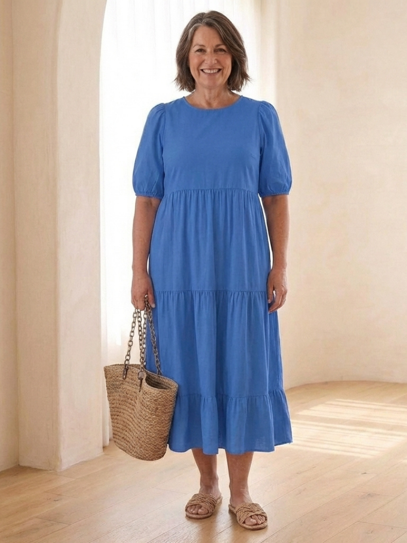 Dorvelli | Women's Midi Dress – Round Neck Puff Sleeve