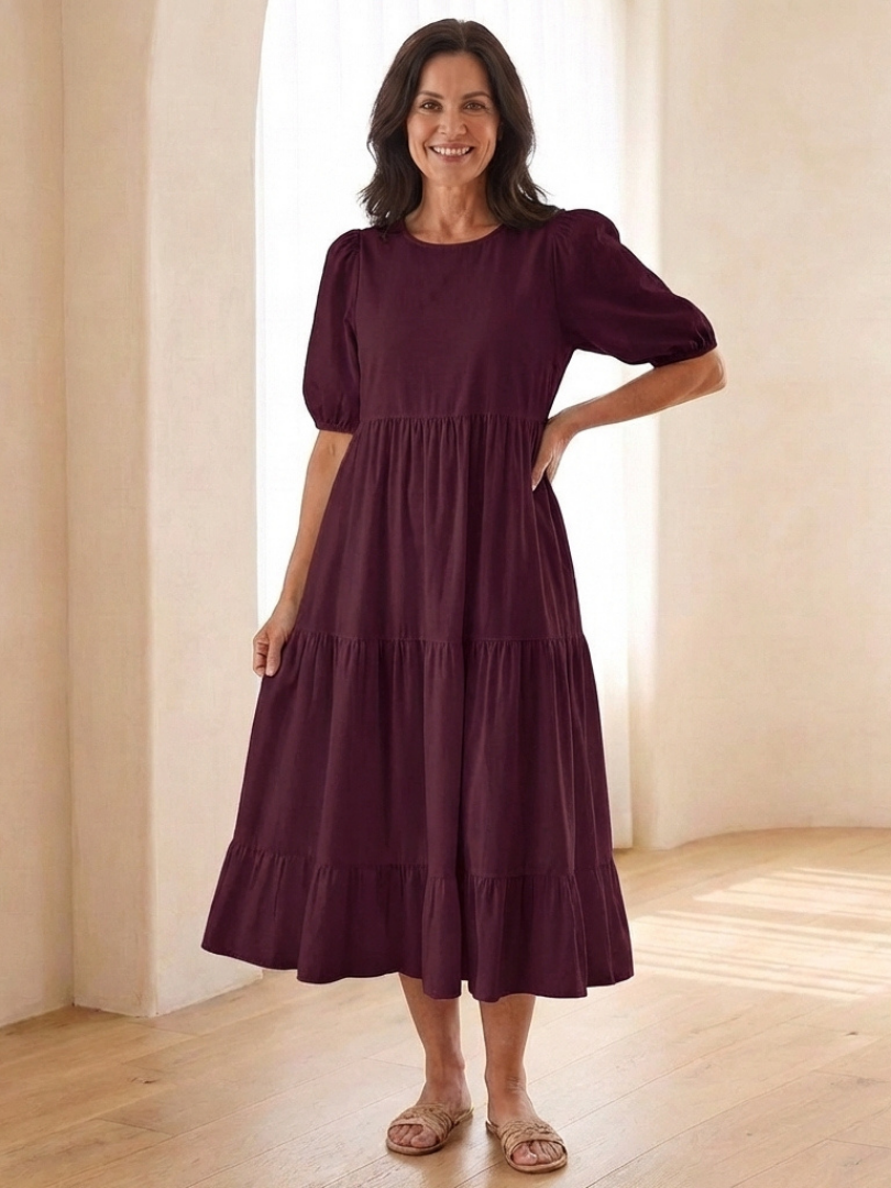 Dorvelli | Women's Midi Dress – Round Neck Puff Sleeve