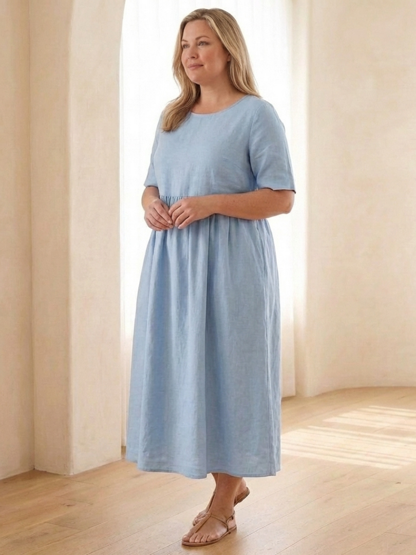 Dorvelli | Women's Midi Dress – Round Neck Sleeve Gathered