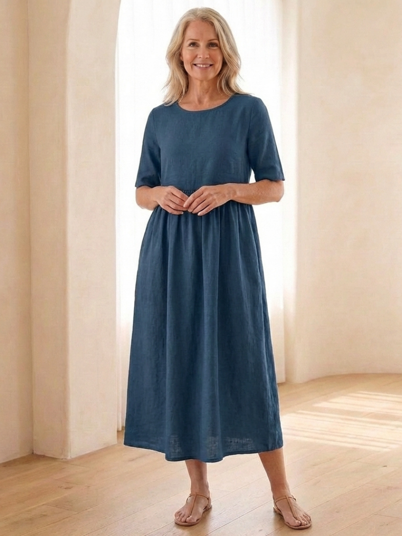 Dorvelli | Women's Midi Dress – Round Neck Sleeve Gathered