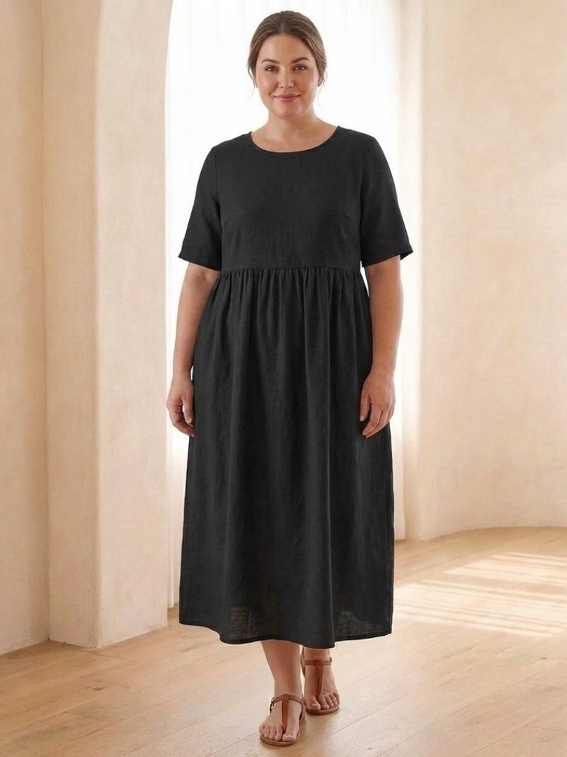 Dorvelli | Women's Midi Dress – Round Neck Sleeve Gathered