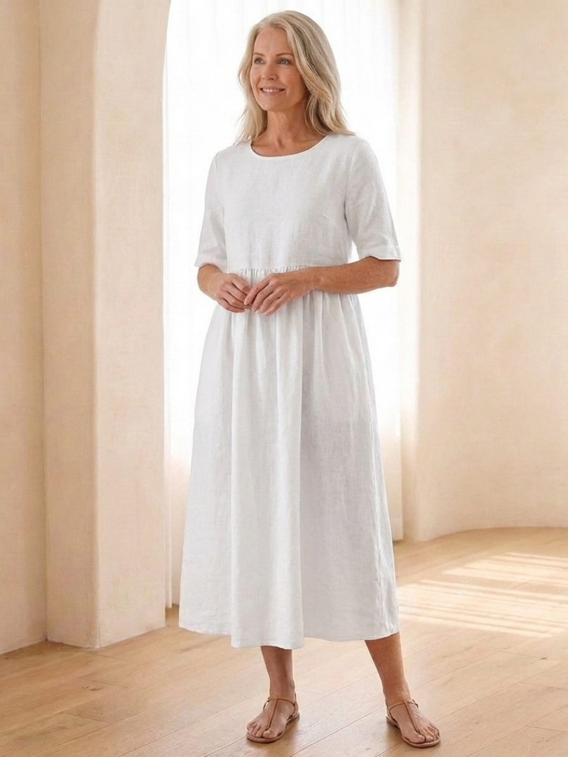 Dorvelli | Women's Midi Dress – Round Neck Sleeve Gathered