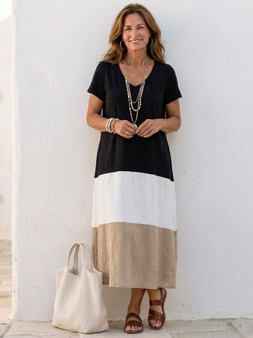 Dorvelli | Women's Midi Dress – Sleeve Color Block Neck