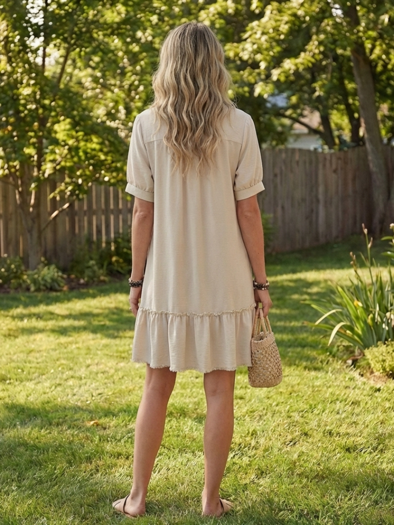 Dorvelli | Women's Midi Dress – Sleeve Button Front Ruffle