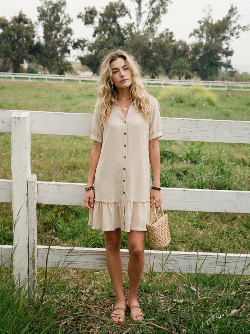 Dorvelli | Women's Midi Dress – Sleeve Button Front Ruffle