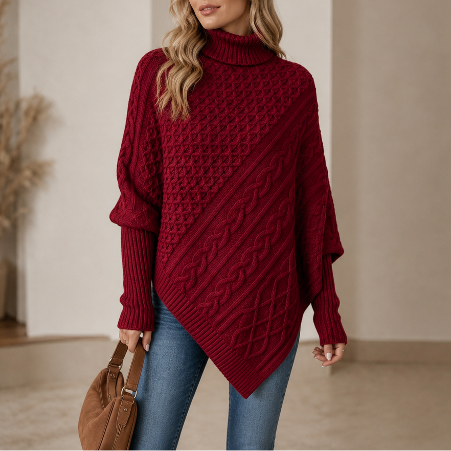 Aisling Roll Neck Cable Knit Poncho – Women's Asymmetric Hem Knit Sweater Burgundy