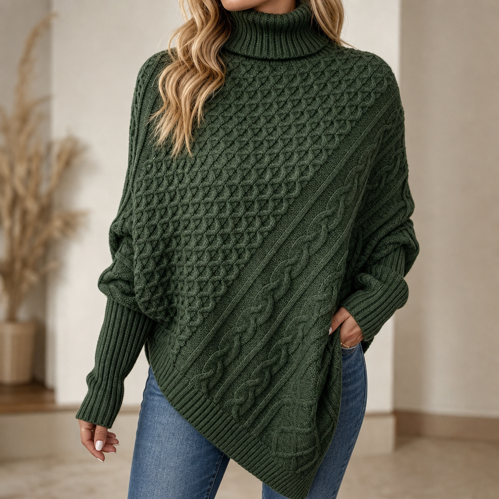Aisling Roll Neck Cable Knit Poncho – Women's Asymmetric Hem Knit Sweater Dark Green