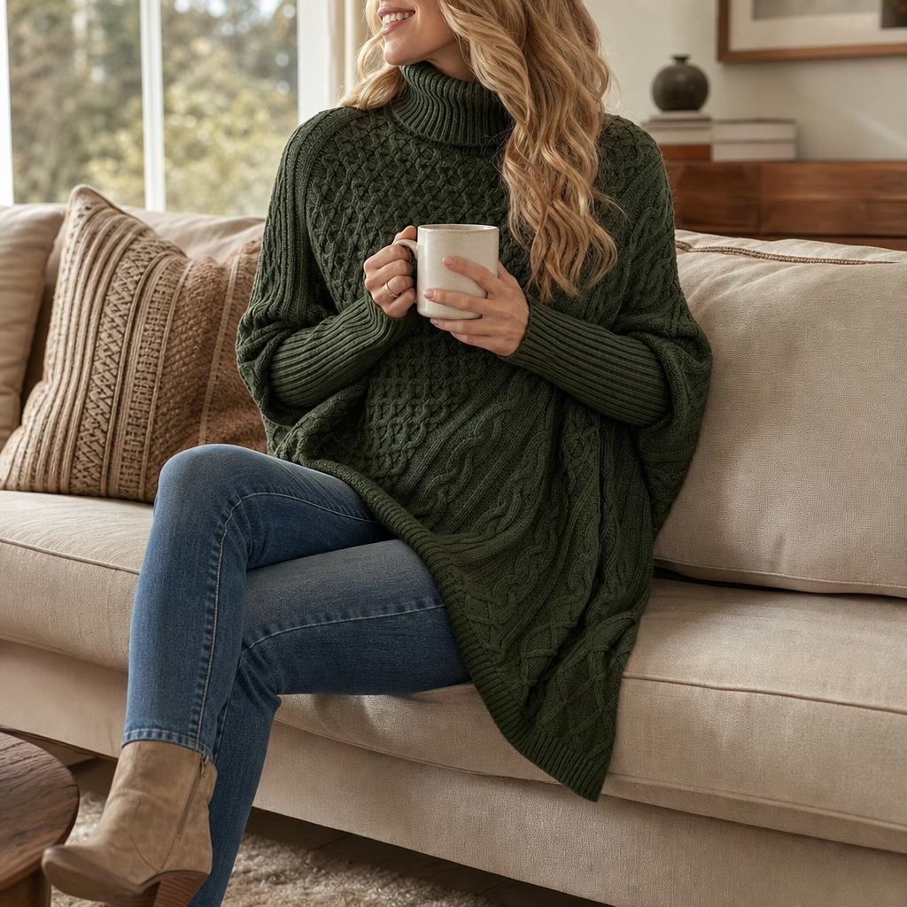 Aisling Roll Neck Cable Knit Poncho – Women's Asymmetric Hem Knit Sweater Dark Green
