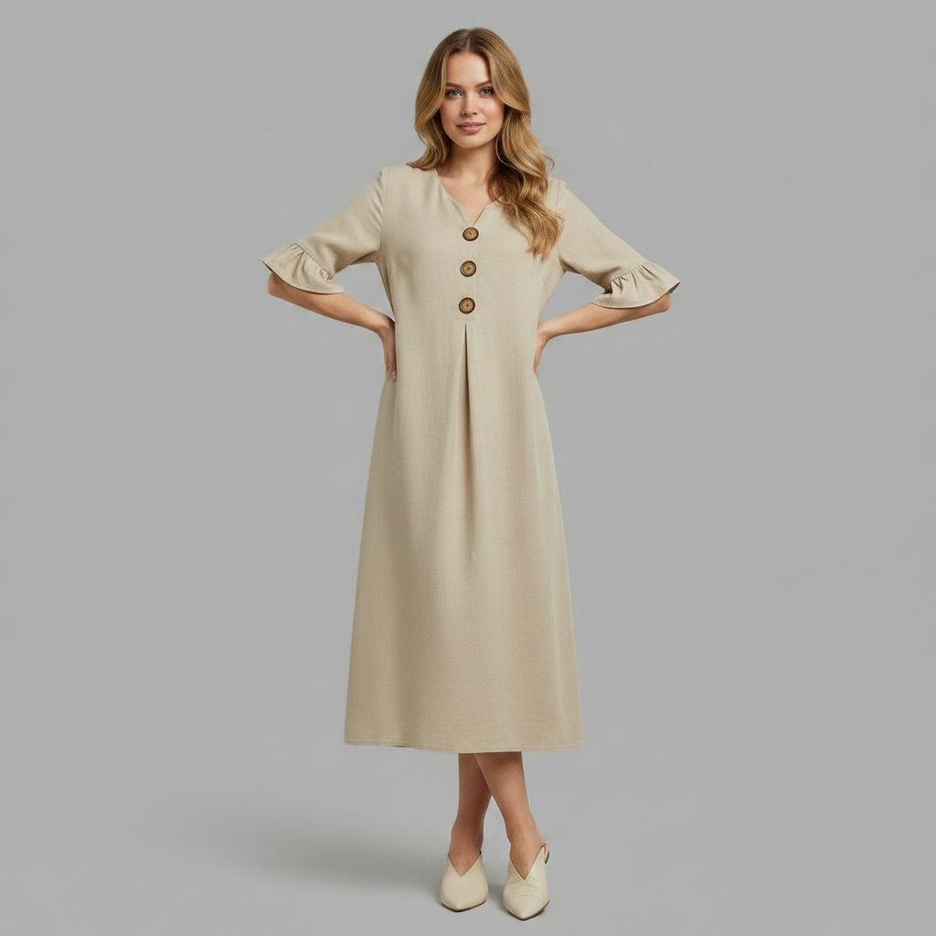 Amalia Midi Dress – V-Neck Button-Front Ruffle Sleeve