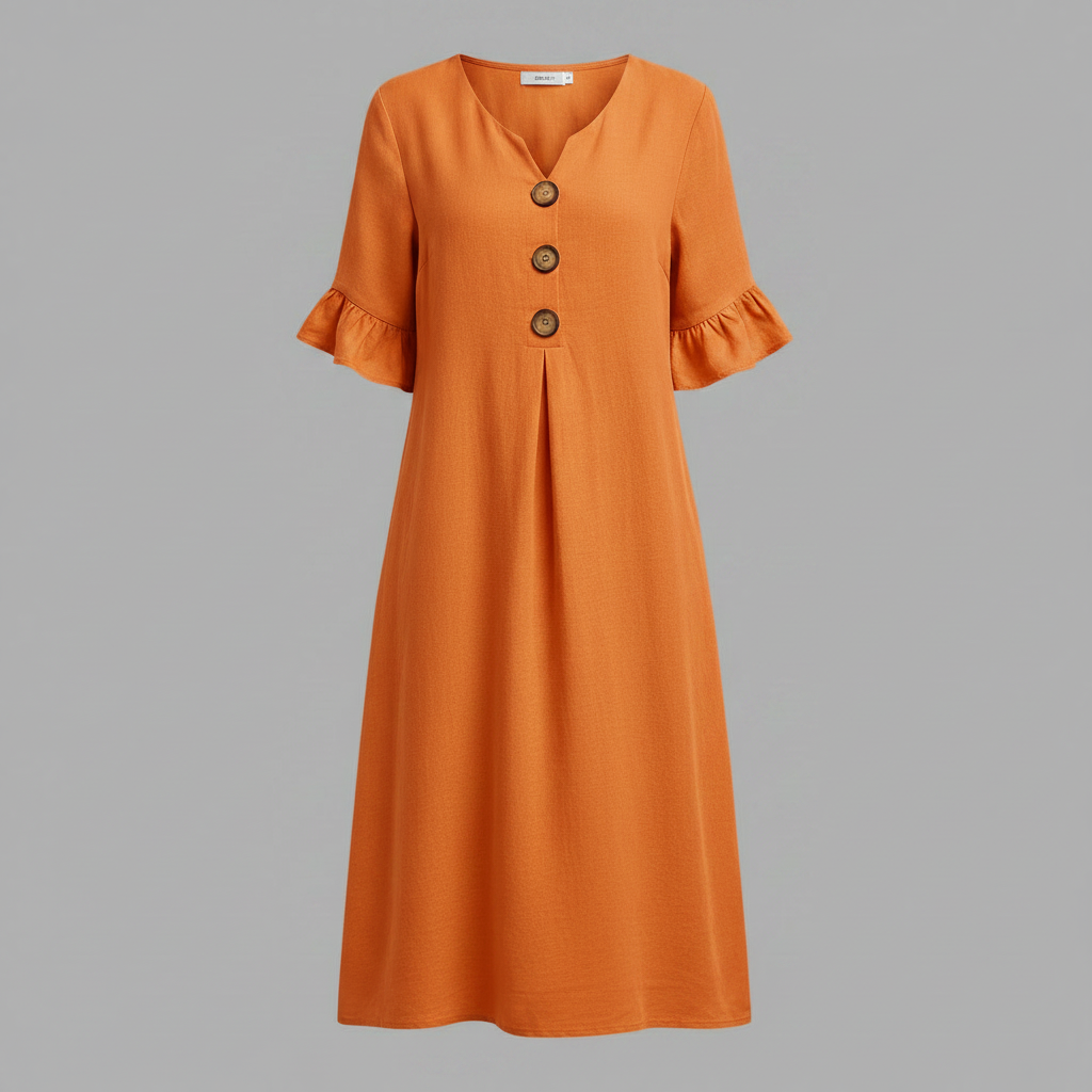 Amalia Midi Dress – V-Neck Button-Front Ruffle Sleeve