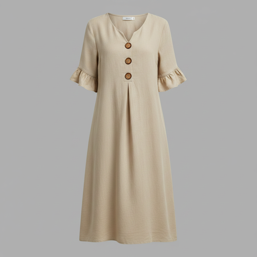 Amalia Midi Dress – V-Neck Button-Front Ruffle Sleeve – Apricot