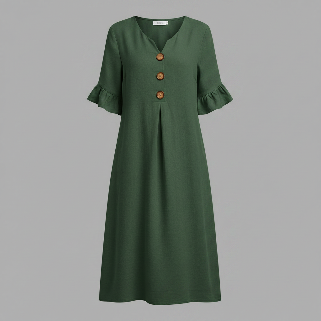 Amalia Midi Dress – V-Neck Button-Front Ruffle Sleeve – Green