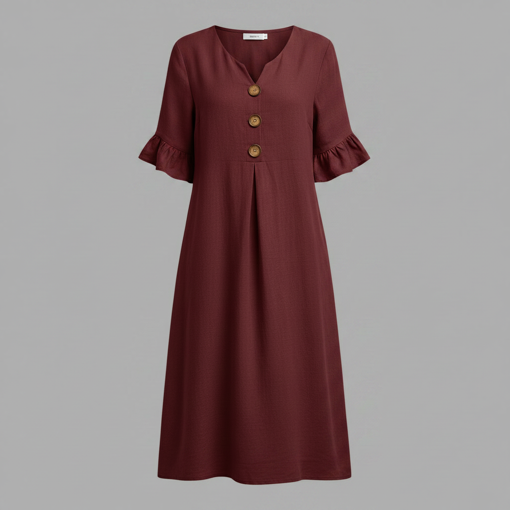 Amalia Midi Dress – V-Neck Button-Front Ruffle Sleeve – Wine Red