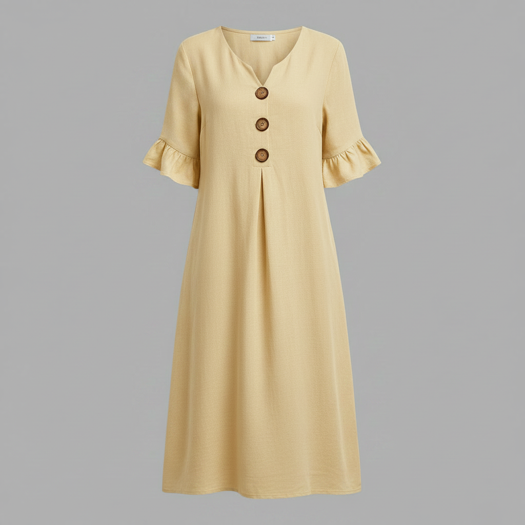 Amalia Midi Dress – V-Neck Button-Front Ruffle Sleeve – Yellow