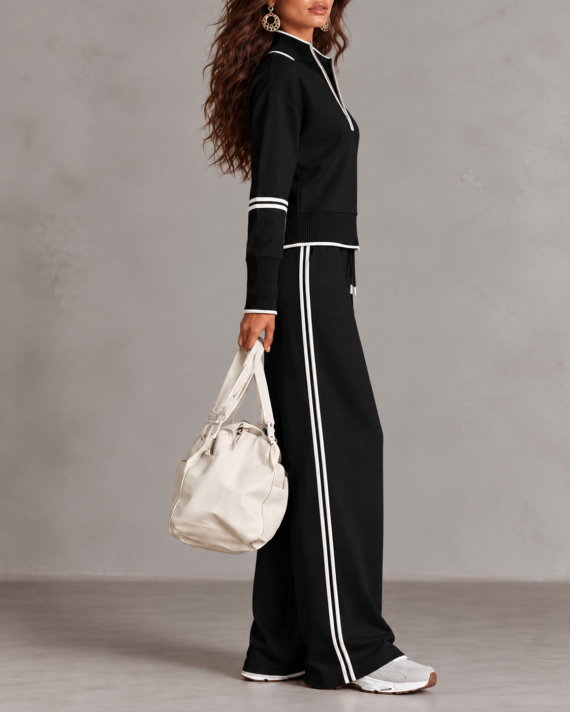 Amarante Half-Zip Stand Collar Lounge Set – Black