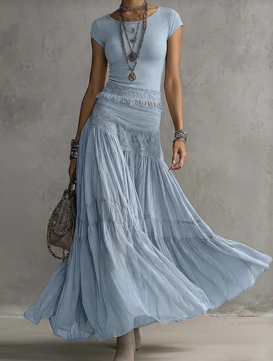 Amaryllis Panelled Top and Pleated Maxi Skirt Set - Blue