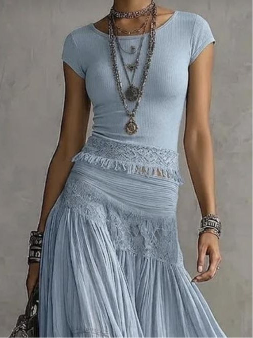 Amaryllis Panelled Top and Pleated Maxi Skirt Set - Blue