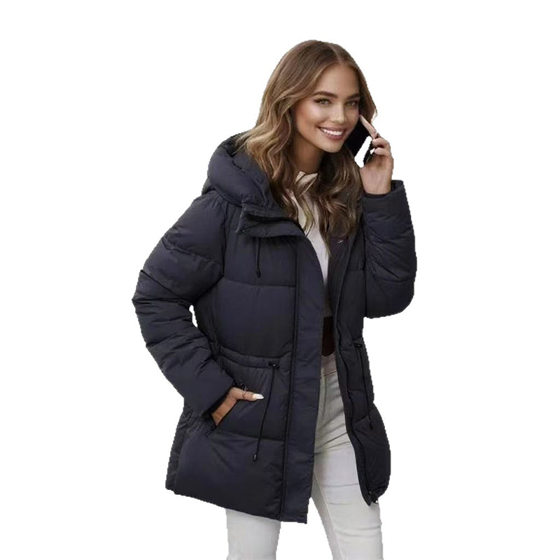 Annika Hooded Puffer Coat – Mid-Length Drawstring Waist Quilted - Black
