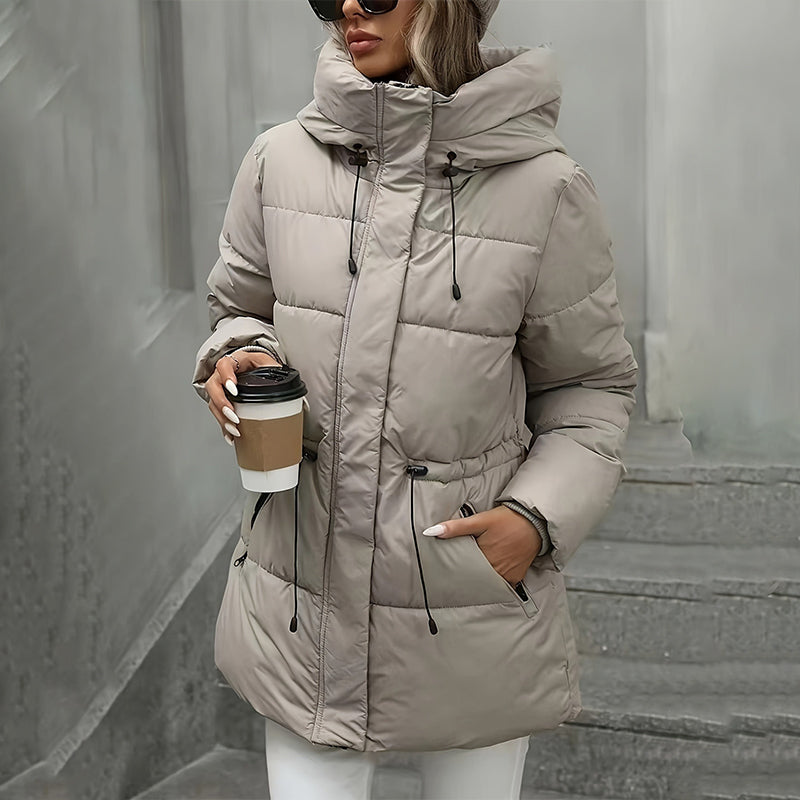 Annika Hooded Puffer Coat – Mid-Length Drawstring Waist Quilted - Khaki