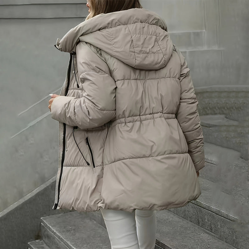 Annika Hooded Puffer Coat – Mid-Length Drawstring Waist Quilted - Khaki