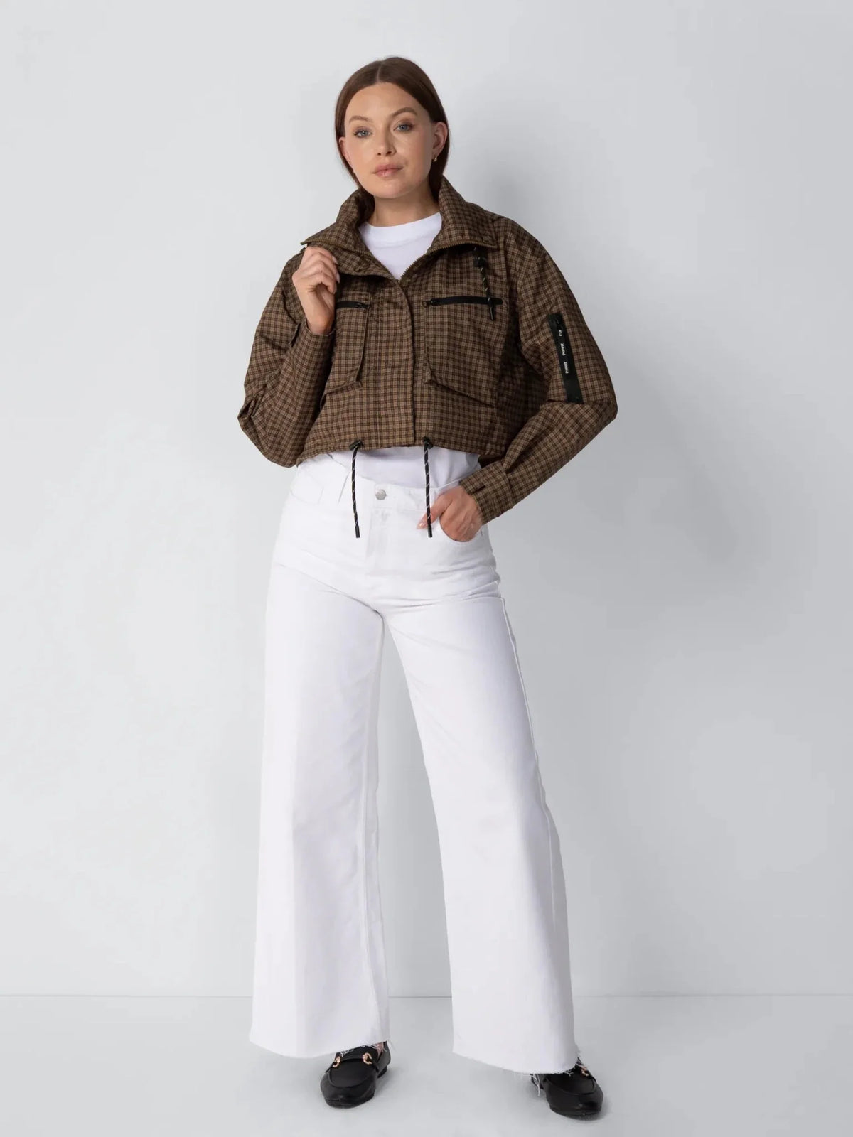 Avril Cropped Hooded Rain Jacket – Brown Check