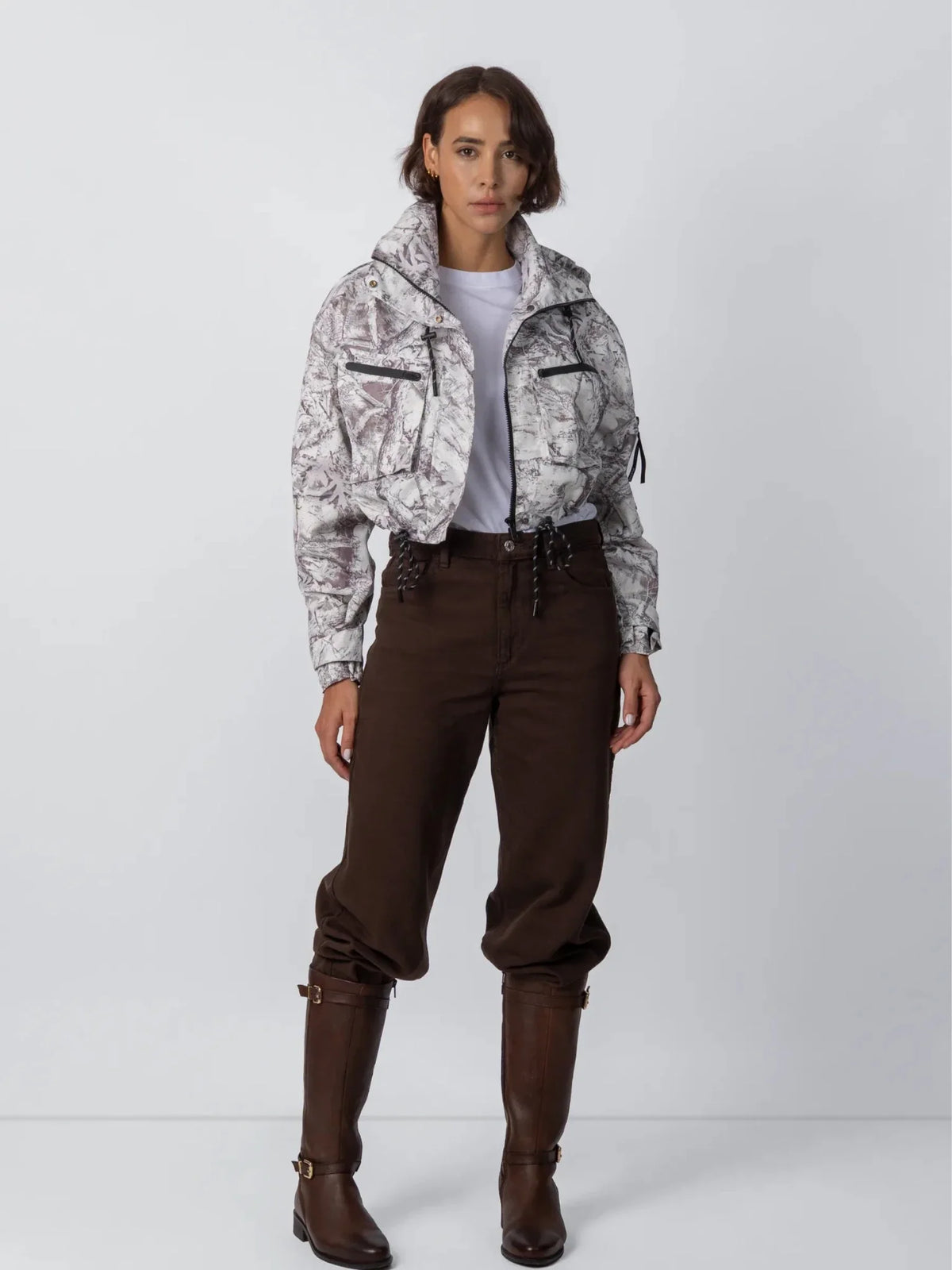 Avril Cropped Hooded Rain Jacket – Grey Camo
