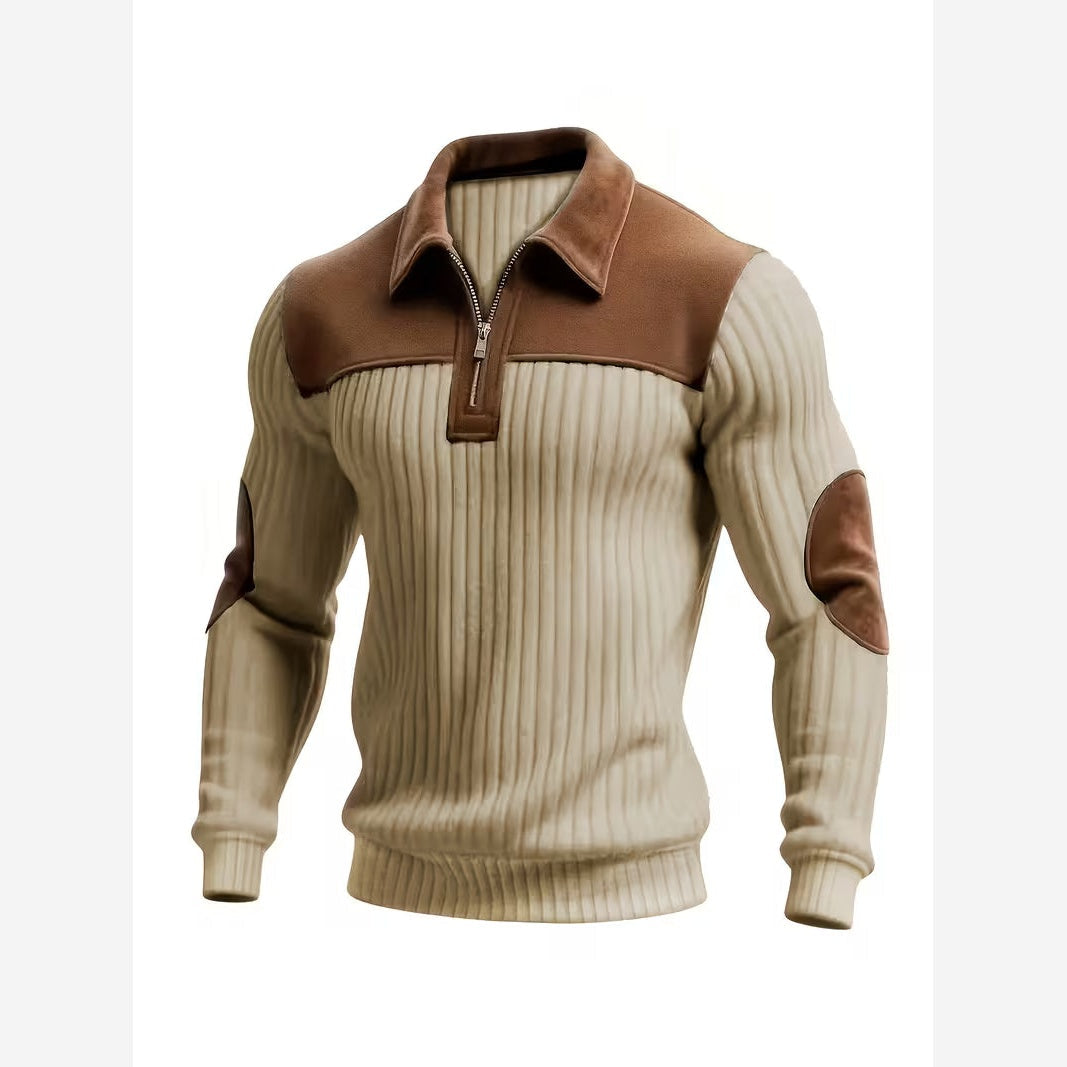 Barnaby Contrast Yoke Quarter-Zip Jumper – Men's Collared Elbow Patch Knit Sweater