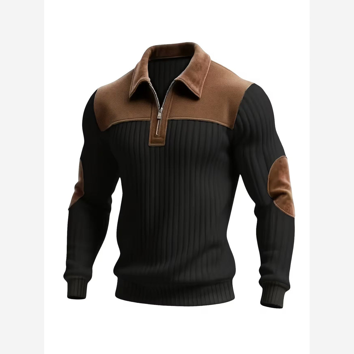 Barnaby Contrast Yoke Quarter-Zip Jumper – Men's Collared Elbow Patch Knit Sweater