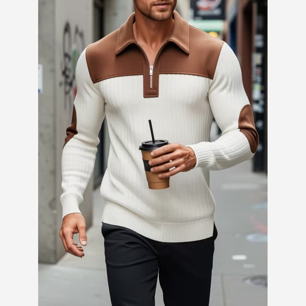 Barnaby Contrast Yoke Quarter-Zip Jumper – Men's Collared Elbow Patch Knit Sweater